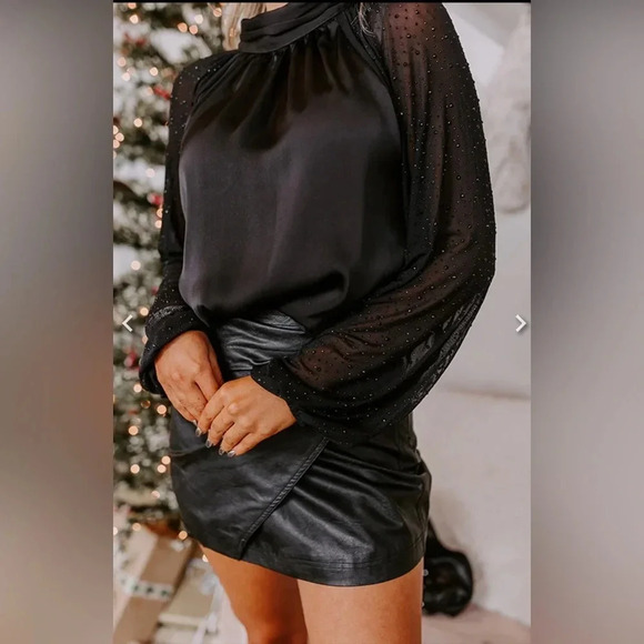Strut & Bolt Mock Neck Satin Sheer Sleeve with Rhinestones Back Tie Detail Top - Picture 2 of 14